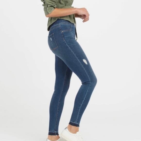 SPANX | Distressed High Rise Medium Wash Skinny Raw Hem Jeans - Picture 2 of 6